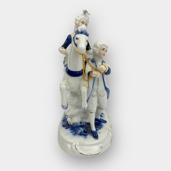 Vintage Porcelain Horse Rider & Handler Figurine Blue White Gold Trim 9 Inch - Picture 3 of 16